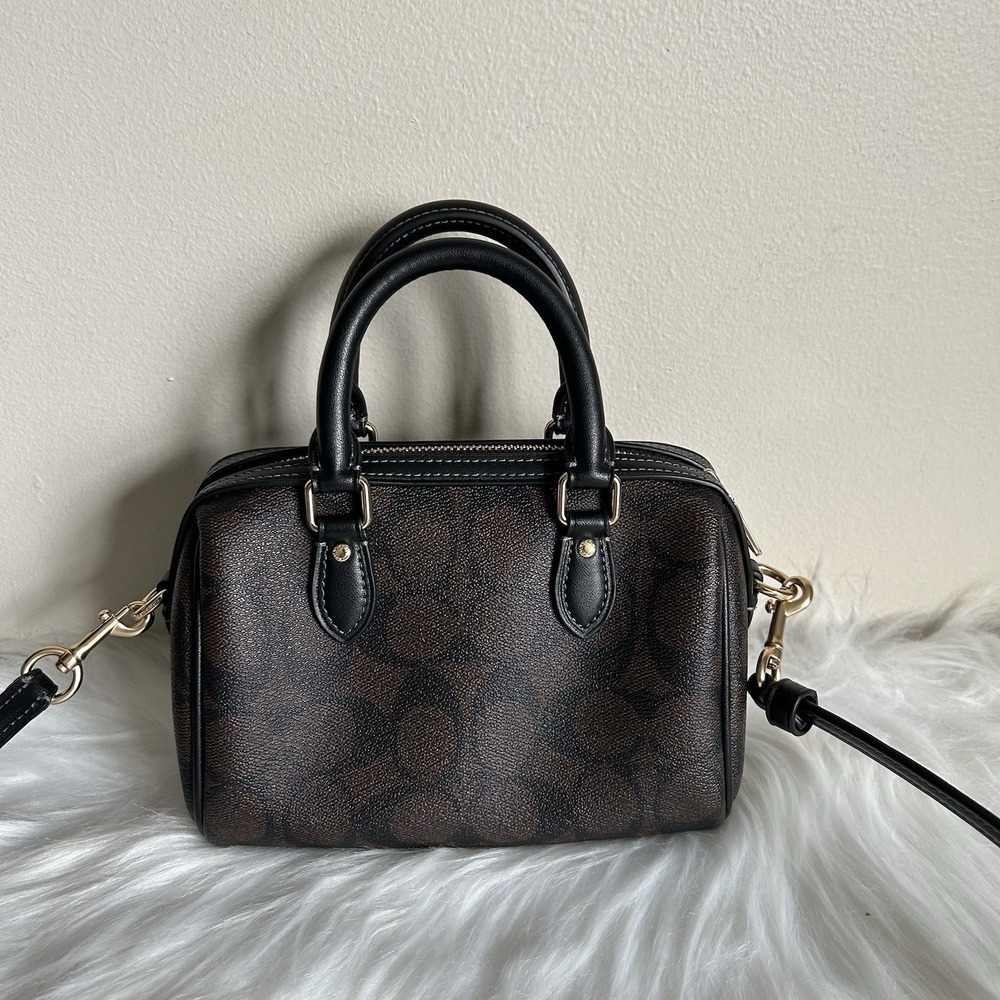 Coach Mini Rowan Brown Black Signature Canvas Leather Satchel Bag Excellent - Picture 2 of 9
